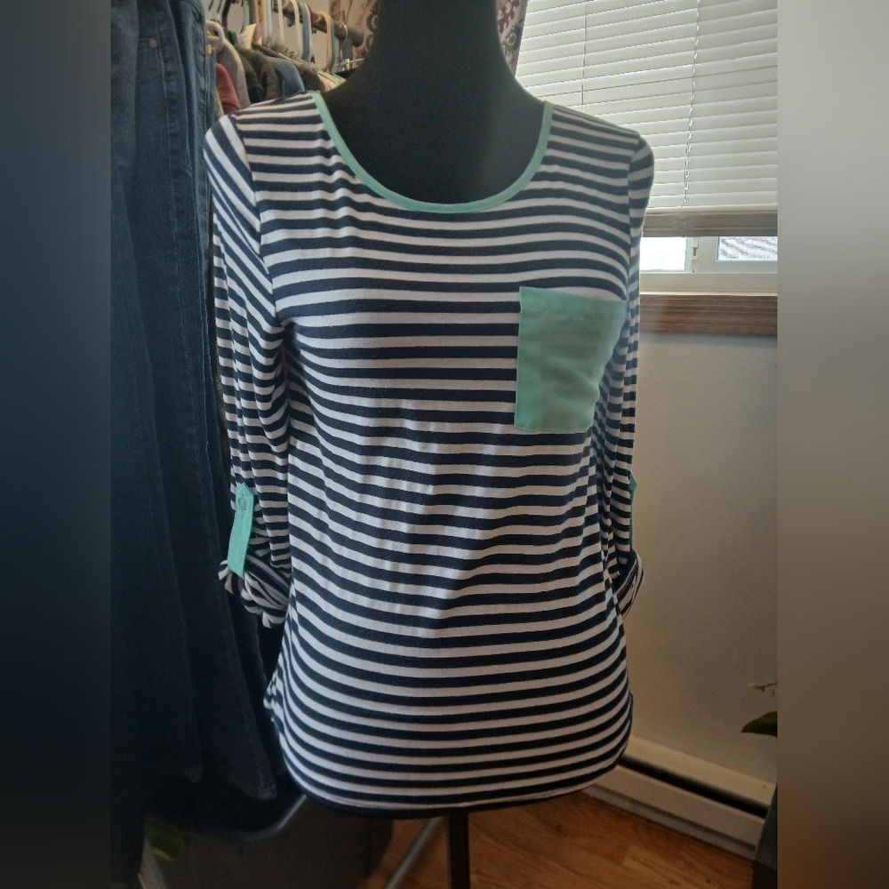 Rue 21 Sz Sm Blue Strip/mint Green Bow Blouse